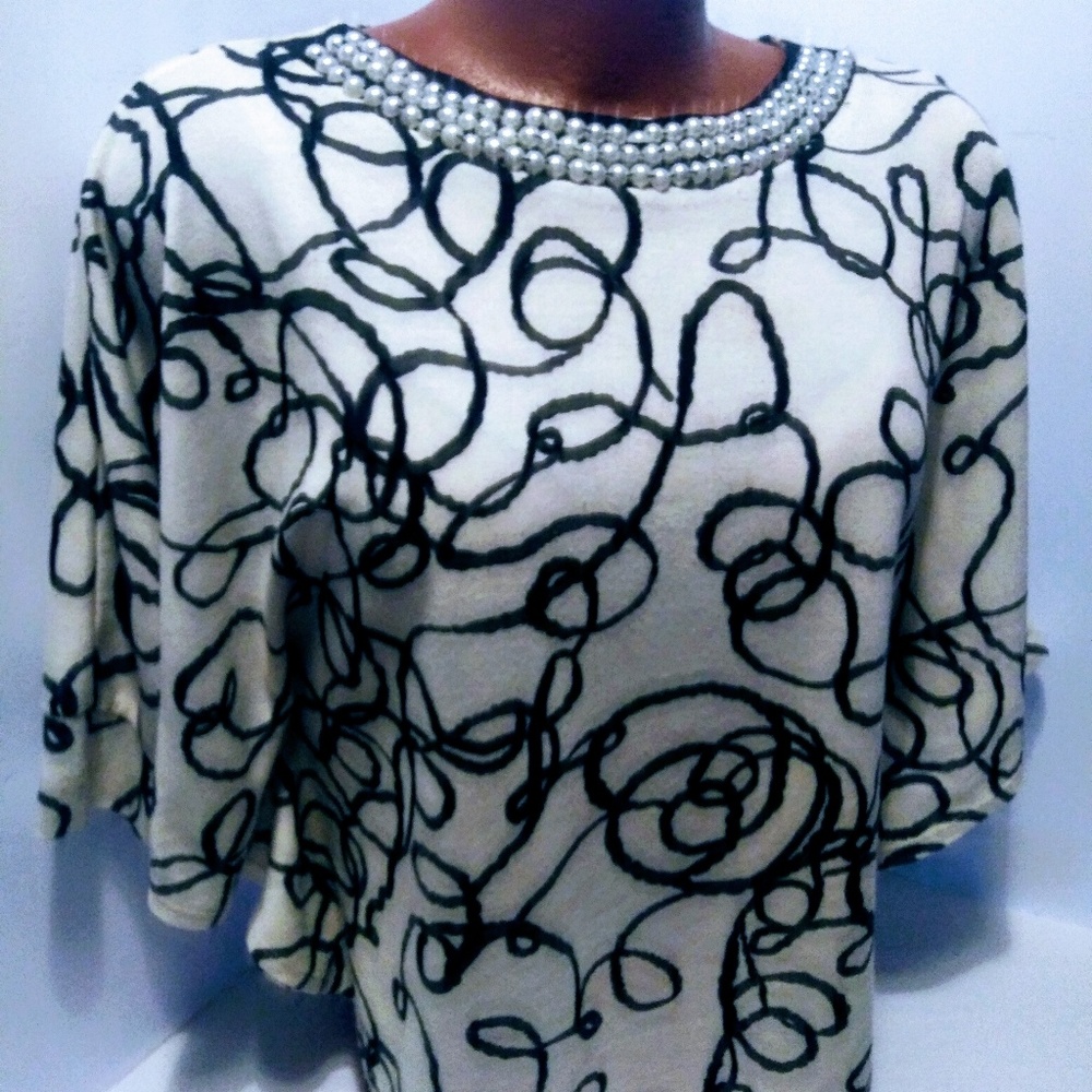 Pearled Angel Sleeve Black Shawl Cape Blouse Top